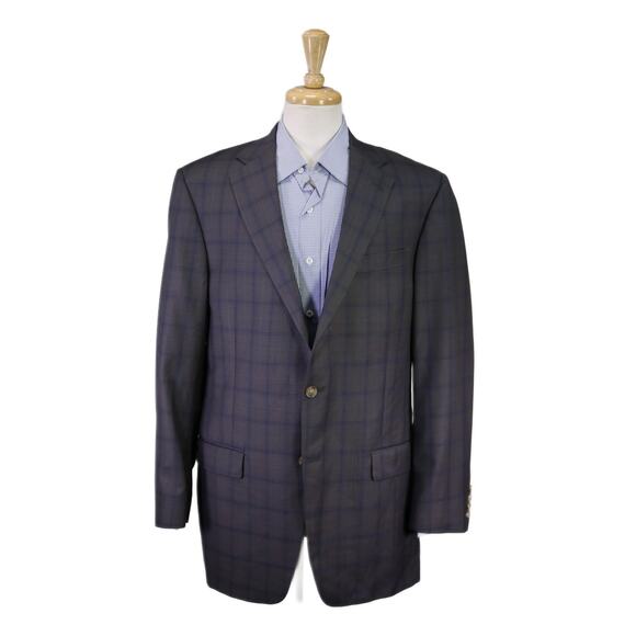 Hart Schaffner Marx Gray Royal Blue Windowpane Wool 2-Btn Sportcoat Blazer 44L